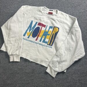 Mother Sweatshirt Womens XS White Cropped Raw Hem Graphic Fleece Pullover
